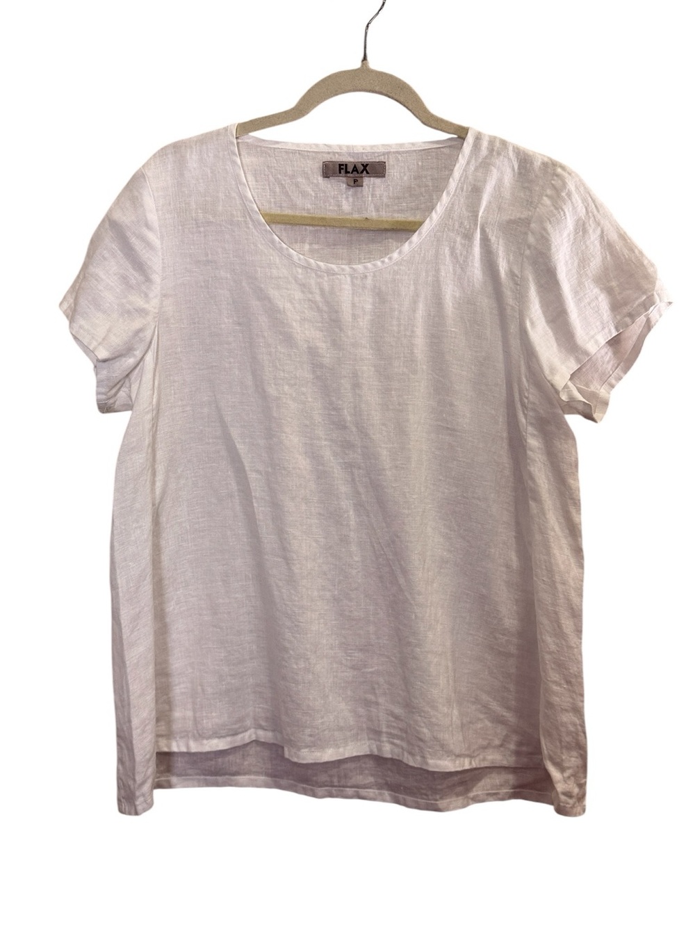 FLAX Women’s White Linen Minimalist Lagenlook Scoop Neck Short Sleeve Top sz S